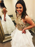 Gorgeous Two Piece White Halter Tulle Prom Dress with Appliques LBQ0016